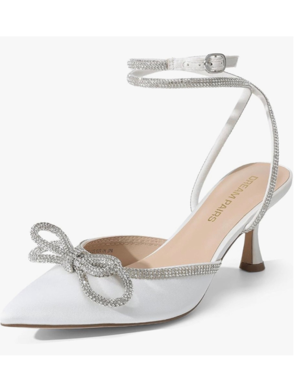 NEW White Wedding Kitten Rhinestone Bow Ankle Strap Closed 2.76”Heels